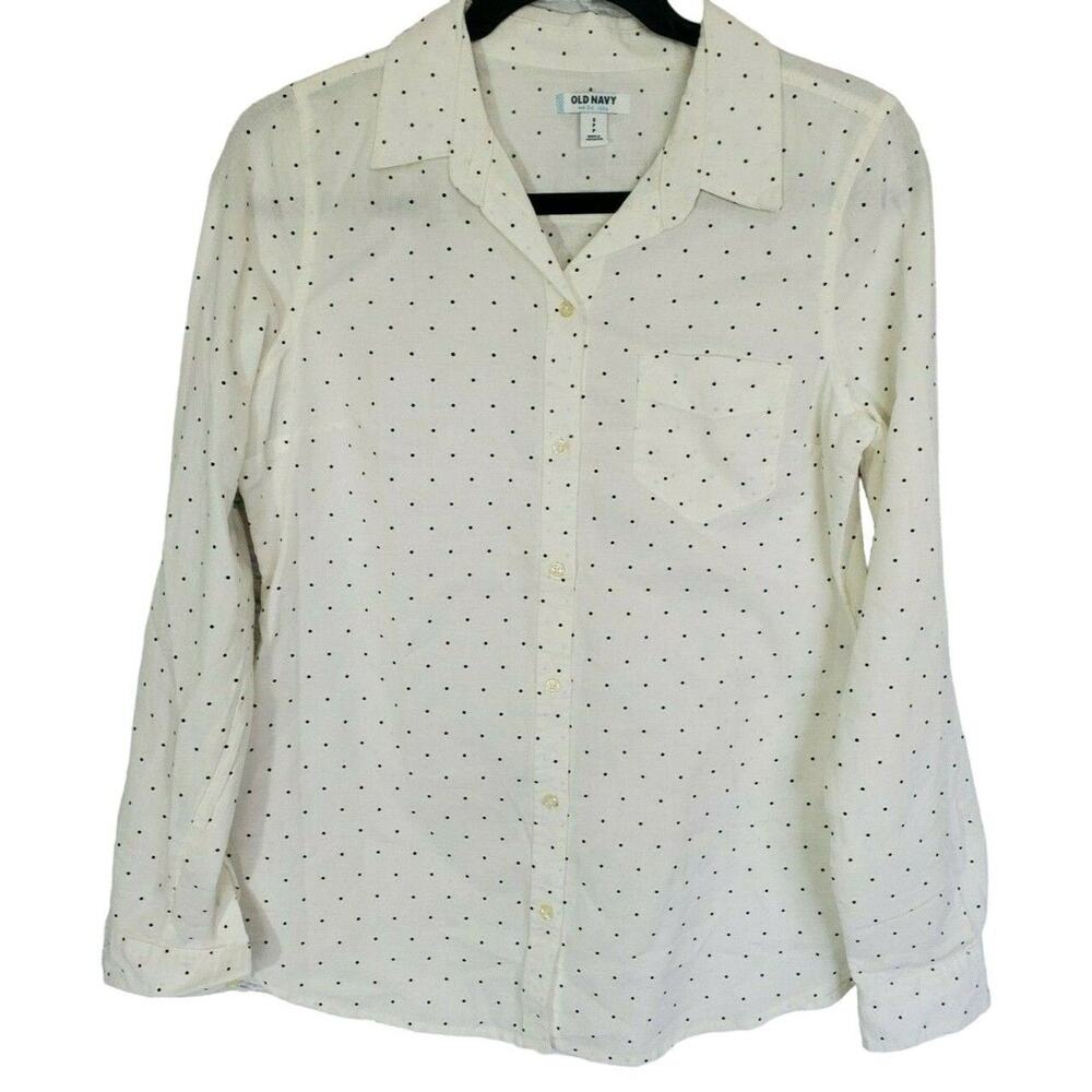 Old Navy Blouse PS Womens White Blue Polka Dot Long Sleeve Collared Button Front